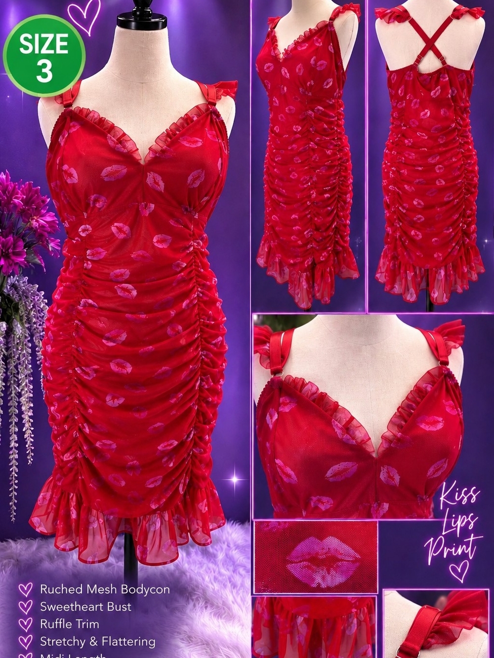 Torrid Curve Size 3 Red Pink Kiss Lips Ruched Mesh Lingerie Chemise Plus Size